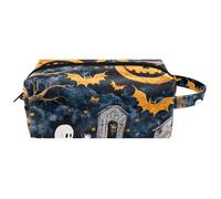 Trousse da viaggio per cosmetici da donna, in pelle e microfibra, pratica borsa organizer con cerniera, fantasmi, albero morto, zucca, pipistrelli, Multi, 8.2x3.1x3.5 in/21x8x9 cm, Beauty case