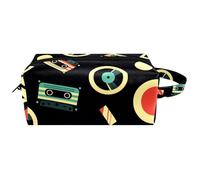 Trousse da viaggio per cosmetici da donna, in pelle e microfibra, pratica borsa organizer con cerniera, dischi in vinile audiocassette, Multi, 8.2x3.1x3.5 in/21x8x9 cm, Beauty case