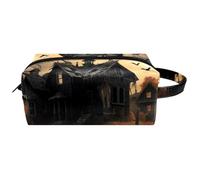 Trousse da viaggio per cosmetici da donna, in pelle e microfibra, pratica borsa organizer con cerniera, casa abbandonata, corvi neri, Multi, 8.2x3.1x3.5 in/21x8x9 cm, Beauty case