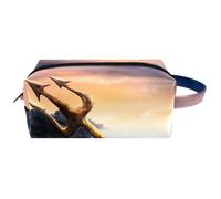 Trousse da viaggio per cosmetici da donna, in pelle e microfibra, pratica borsa organizer con cerniera, il Tridente di Poseidone sulle rocce marine, Multi, 8.2x3.1x3.5 in/21x8x9 cm, Beauty case