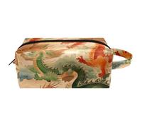 Trousse da viaggio per cosmetici da donna, in pelle e microfibra, pratica borsa organizer con cerniera, draghi rossi e verdi, Multi, 8.2x3.1x3.5 in/21x8x9 cm, Beauty case