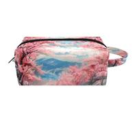 Trousse da viaggio per cosmetici da donna, in pelle e microfibra, pratica borsa organizer con cerniera, motivo campagna con alberi di ciliegio, Multi, 8.2x3.1x3.5 in/21x8x9 cm, Beauty case