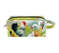 Trousse da viaggio per cosmetici da donna, in pelle e microfibra, pratica borsa organizer con cerniera, gallo, gallina, pulcini, oche giocano in riva al fiume, Multi, 8.2x3.1x3.5 in/21x8x9 cm, Beauty