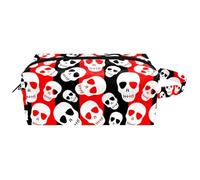 Trousse da viaggio per cosmetici da donna, in pelle e microfibra, pratica borsa organizer con cerniera, motivo teschio di Halloween su strisce nere e rosse, Multi, 8.2x3.1x3.5 in/21x8x9 cm, Beauty