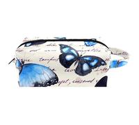 Trousse da viaggio per cosmetici da donna, in pelle e microfibra, pratica borsa organizer con cerniera, farfalla blu su testo scritto note, Multi, 8.2x3.1x3.5 in/21x8x9 cm, Beauty case
