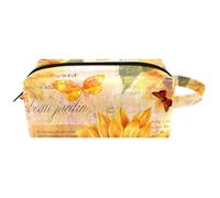 Trousse da viaggio per cosmetici da donna, in pelle e microfibra, pratica borsa organizer con cerniera, girasole e farfalla ad acquerello su vecchia lettera, Multi, 8.2x3.1x3.5 in/21x8x9 cm, Beauty