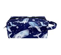 Trousse da viaggio per cosmetici da donna, in pelle e microfibra, pratica borsa organizer con cerniera, spazio notturno blu con balene e pianeti, Multi, 8.2x3.1x3.5 in/21x8x9 cm, Beauty case