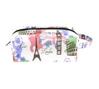 Trousse da viaggio per cosmetici, da donna, in pelle e microfibra, pratica borsa organizer con cerniera, famosi monumenti di viaggio europei, Multi, 8.2x3.1x3.5 in/21x8x9 cm, Beauty case