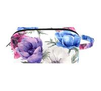 Trousse da viaggio per cosmetici da donna, in pelle e microfibra, pratica borsa organizer con cerniera, anemoni in fiore e fiori da giardino, Multi, 8.2x3.1x3.5 in/21x8x9 cm, Beauty case