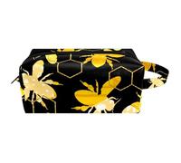 Trousse da viaggio per cosmetici da donna, in pelle e microfibra, pratica borsa organizer con cerniera, silhouette di bombo dorato, Multi, 8.2x3.1x3.5 in/21x8x9 cm, Beauty case