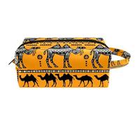 Trousse da viaggio per cosmetici da donna, in pelle e microfibra, pratica borsa organizer con cerniera, ornamento etnico cammelli, Multi, 8.2x3.1x3.5 in/21x8x9 cm, Beauty case