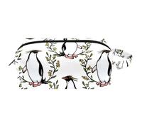 Trousse da viaggio per cosmetici da donna, in pelle e microfibra, pratica borsa organizer con cerniera, pinguini maccheroni con corona floreale, Multi, 8.2x3.1x3.5 in/21x8x9 cm, Beauty case