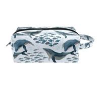 Trousse da viaggio per cosmetici da donna, in pelle e microfibra, pratica borsa organizer con cerniera, balene e gruppi di pesci, Multi, 8.2x3.1x3.5 in/21x8x9 cm, Beauty case