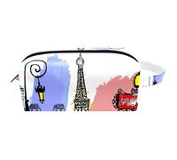 Trousse da viaggio per cosmetici da donna, in pelle e microfibra, pratica borsa organizer con cerniera, Torre Eiffel di Parigi e edifici cittadini, Multi, 8.2x3.1x3.5 in/21x8x9 cm, Beauty case
