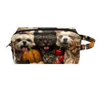 Trousse da viaggio per cosmetici da donna, in pelle e microfibra, pratica borsa organizer con cerniera, gatti e cani mangiano frutta insieme, Multi, 8.2x3.1x3.5 in/21x8x9 cm, Beauty case