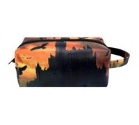 Trousse da viaggio per cosmetici da donna, in pelle e microfibra, pratica borsa organizer con cerniera, corvo volante sopra il castello, Multi, 8.2x3.1x3.5 in/21x8x9 cm, Beauty case