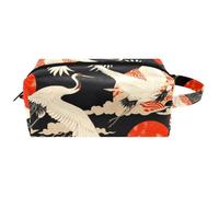 Trousse da viaggio per cosmetici da donna, in pelle e microfibra, pratica borsa organizer con cerniera, gru con sole e nuvole rosse, Multi, 8.2x3.1x3.5 in/21x8x9 cm, Beauty case