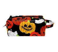 Trousse da viaggio per cosmetici da donna, in pelle e microfibra, pratica borsa organizer con cerniera, zucche e fantasmi di Halloween Happy Halloween, Multi, 8.2x3.1x3.5 in/21x8x9 cm, Beauty case