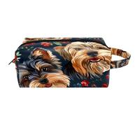 Trousse da viaggio per cosmetici da donna, in pelle e microfibra, pratica borsa organizer con cerniera, motivo floreale Yorkshire Terrier, Multi, 8.2x3.1x3.5 in/21x8x9 cm, Beauty case