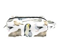 Trousse da viaggio per cosmetici da donna, in pelle e microfibra, pratica borsa organizer con cerniera, animali antartici, pinguino, foca, balena, uccello, Multi, 8.2x3.1x3.5 in/21x8x9 cm, Beauty case