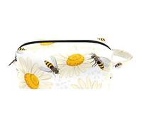 Trousse da viaggio per cosmetici da donna, in pelle e microfibra, pratica borsa organizer con cerniera, api che volano su margherita, Multi, 8.2x3.1x3.5 in/21x8x9 cm, Beauty case