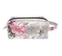 Trousse da viaggio per cosmetici da donna, in pelle e microfibra, pratica borsa organizer con cerniera, fringuello, uccello, farfalla su rosa bianca e rosa, Multi, 8.2x3.1x3.5 in/21x8x9 cm, Beauty