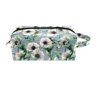 Trousse da viaggio per cosmetici da donna, in pelle e microfibra, pratica borsa organizer con cerniera, anemone acquerello e foglie, Multi, 8.2x3.1x3.5 in/21x8x9 cm, Beauty case