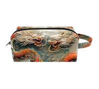 Trousse da viaggio per cosmetici da donna, in pelle e microfibra, pratica borsa organizer con cerniera, due antichi draghi, Multi, 8.2x3.1x3.5 in/21x8x9 cm, Beauty case