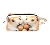 Trousse da viaggio per cosmetici da donna, in pelle e microfibra, pratica borsa organizer con cerniera, con foglia d'acero, criceto, mangia noci, Multi, 8.2x3.1x3.5 in/21x8x9 cm, Beauty case