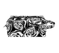 Trousse da viaggio per cosmetici da donna, in pelle e microfibra, pratica borsa organizer con cerniera, rosa con rose nere, Multi, 8.2x3.1x3.5 in/21x8x9 cm, Beauty case