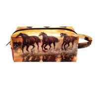 Trousse da viaggio per cosmetici da donna, in pelle e microfibra, pratica borsa organizer con cerniera, cavalli che corrono sul mare dell'alba, Multi, 8.2x3.1x3.5 in/21x8x9 cm, Beauty case