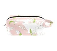 Trousse da viaggio per cosmetici da donna, in pelle e microfibra, pratica borsa organizer con cerniera, coniglietto con farfalla e gigli della valle, Multi, 8.2x3.1x3.5 in/21x8x9 cm, Beauty case
