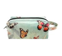 Trousse da viaggio per cosmetici da donna, in pelle e microfibra, pratica borsa organizer con cerniera, farfalle che volano su fiori cosmo, Multi, 8.2x3.1x3.5 in/21x8x9 cm, Beauty case