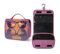 Trousse da viaggio per occhiali da sole che riflettono una spiaggia tropicale da donna, organizer da appendere per trucchi con gancio per shampoo