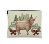 Trousse da viaggio rustica vintage con mucca delle Highland e scena natalizia, borsa da viaggio per donne, organizer portatile in tela con cerniera, borsa da toilette per la cura della pelle delle
