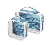 Trousse da viaggio trasparente con due delfini, confezione da 2 borse trasparenti per il trucco con manici, Multicolore, 2 pezzi
