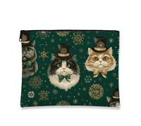 Trousse da viaggio vintage a forma di gatto, gatti verdi con papillon e cappello, astuccio da viaggio per donne, piccolo organizer con cerniera, borsa da toilette per la cura della pelle delle vacanze