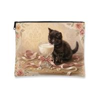 Trousse da viaggio vintage con motivo floreale, con simpatico gatto, borsa da viaggio per donne, piccola borsa portatile in tela con cerniera, ideale per l'uso quotidiano, Beige, 7x9 Inch, Gatto