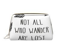 Trousse in pelle con cerniera a mano con scritta in inglese "Not All Who Wander are Lost", astuccio per penne, rossetti, articoli da toeletta, bianco, Taglia unica