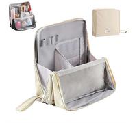 Trousse multiuso in tessuto Oxford di grande capacità, portatile, leggera, di grande capacità, con spazio per pennelli e specchio, design verticale per cosmetici e cancelleria, Beige, 1 pezzo
