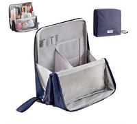 Trousse multiuso in tessuto Oxford di grande capacità, portatile, leggera, di grande capacità, con spazio per pennelli e specchio, design verticale per cosmetici e cancelleria, blu navy, 1 pezzo
