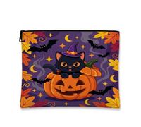 Trousse nera per trucchi, motivo: strega, gatto, zucche, Halloween, 17,8 x | Cappello da strega, borsa per cosmetici, Jack-o'-lantern, foglie cadenti, pipistrelli, skyline notturno spettrale