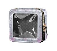 Trousse organizer per trucco trasparente con maschere carnevali, lilla e grigio argento, con cerniera, mini contenitori per trucco da donna