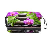 Trousse per cosmetici a doppio strato con pietre e orchidee, per donne e ragazze, trousse da viaggio per trucchi, pratica borsa organizer con scomparto per pennelli, Multi, 27x15x14 cm/10.6x5.9x5.5