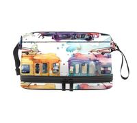 Trousse per cosmetici a doppio strato con treno ad acquerello, per donne e ragazze, borsa da viaggio per trucchi, pratica borsa organizer con scomparto per pennelli, Multi, 27x15x14 cm/10.6x5.9x5.5
