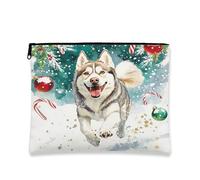 Trousse per cosmetici con cane festivo, fantasioso astuccio natalizio con husky da donna, organizer portatile per trucchi per le vacanze, borsa da toilette invernale per la cura della pelle, 17,8 x