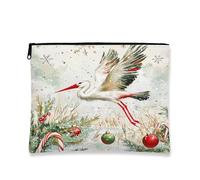 Trousse per cosmetici con cicogna festiva, astuccio natalizio vintage per trucco da donna, organizer portatile in tela con cerniera, borsa da toilette per le vacanze, 18 x 22 cm