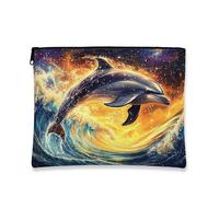 Trousse per cosmetici con design a delfino, vivace astuccio per trucco cosmico da donna, organizer portatile in tela con cerniera, borsa da viaggio da spiaggia, Blu, 7x9 Inch, Delfino