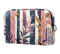 Trousse per cosmetici con motivo a righe botaniche e foglie stampate, da donna, grande astuccio per trucchi da viaggio per articoli da toeletta, Multi, 18.5x7.5x13cm/7.3x3x5.1in, Art Deco