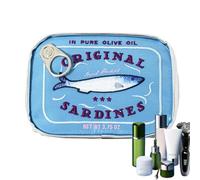 Trousse per cosmetici, conserve di sardine, borsa per la cultura da viaggio, organizer per trucchi, divertente design sardina, custodia estetica per la cura della pelle, ombretto, shampoo, blu, vedi